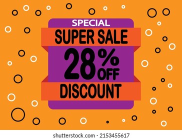 Colorful sale banner discount 28 percent off. Advertising discount banner. Hot offer coupon.