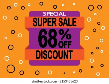 Colorful sale banner discount 68 percent off. Advertising discount banner. Hot offer coupon.