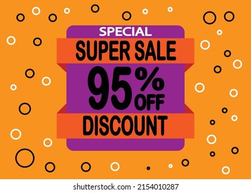 Colorful sale banner discount 95 percent off. Advertising discount banner. Hot offer coupon.