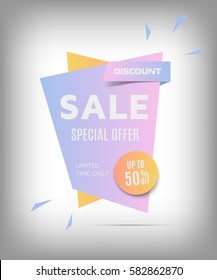 Colorful sale banner. Pink and orange discount poster on a abstract background. Super sale badge. Special offer 50%. Elements for web design, advertising and promotion