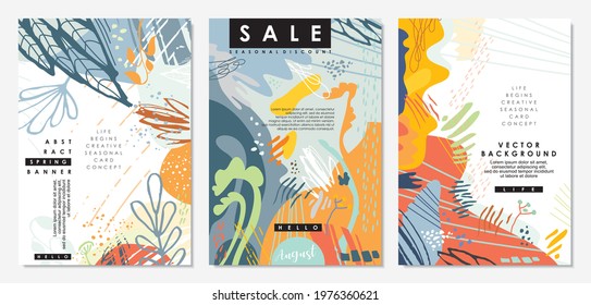 Colorful sale banners for summer seasonal sales with abstract shapes and lines. Shopping offers flyers, covers, placards, banners, backdrops and posters set. Vector document templates.