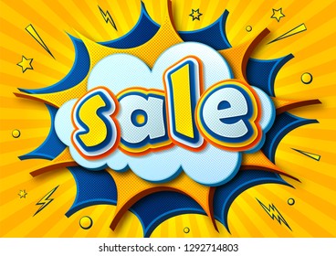 Colorful sale poster: speech bubbles, cloud, burst, text and sound effects. Cartoon bright banner in comics book and pop art style. Yellow and blue illustration with halftone effect