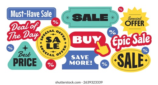 Colorful sale stickers, patch, badge collection. Trendy online promotion tag discount.