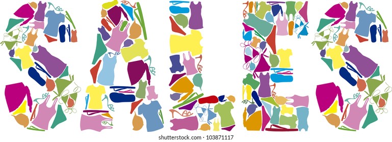 Colorful SALES title made of summer clothes.