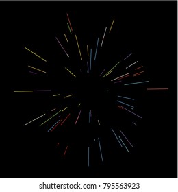 Colorful salute, fireworks Radiating from the center of thin beams, lines. Vector illustration. Dynamic style. Abstract explosion, speed motion lines from the middle, radiating sharp