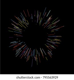 Colorful salute, fireworks Radiating from the center of thin beams, lines. Vector illustration. Dynamic style. Abstract explosion, speed motion lines from the middle, radiating sharp