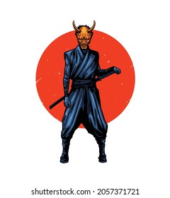 colorful samurai illustration with oni mask