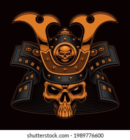 Colorful Samurai Skull vector illustration on the black background