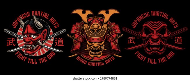 Farbige Samurai T-Shirt-Designs, Übersetzung japanischer Schriftzeichen im Dateinamen