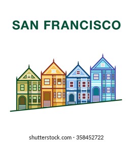 Colorful San Francisco Street Illustration With Victorian Houses Made In Line Art Style