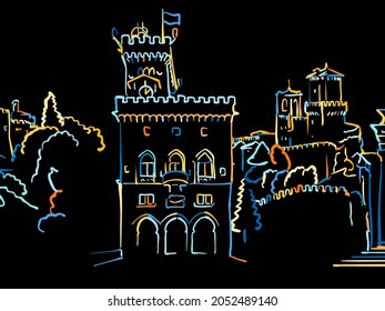 Colorful San Marino Panorama Drawing on black. Well crafted vector sketch für private and commercial use.