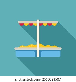 Colorful sandbox with canopy providing shade on a sunny day for children to play