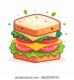 Colorful sandwich featuring bread, lettuce, tomato, cheese, and meat, showcasing a tasty and fresh meal option.
