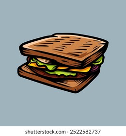 Colorful sandwich line art sketch classic vintage design illustration