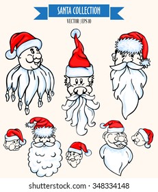 Colorful santa claus with hats, mustache and beards. Christmas elements for your holiday design