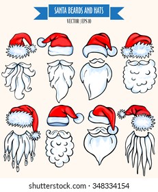 Colorful santa hats, mustache and beards. Christmas elements for your holiday design