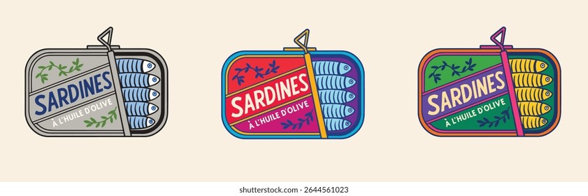 Ilustrações coloridas do estanho da sardinha Projeto de embalagem retro