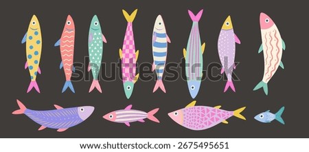 Colorful sardines collection. Hand drawn cartoon fish with geometric patterns, stripes, dots, and playful textures on dark background. Cute marine vector illustration for seafood design, textile
