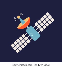 Satélite colorido com painéis solares e placa de radar em ilustração de órbita.