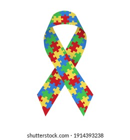 Colorful satin puzzle ribbon as symbol autism awareness. Isolated vector illustration on white background