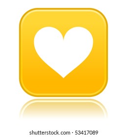 Colorful satined yellow web buttons with heart sign. Rounded square shape with reflection. White background