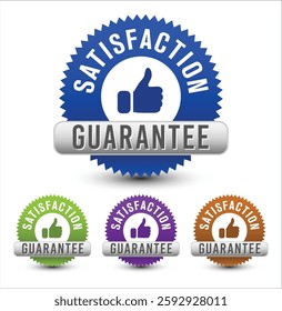 Colorful satisfaction guarantee badge with thumbs up symbol isolated on white background. vector design. 

