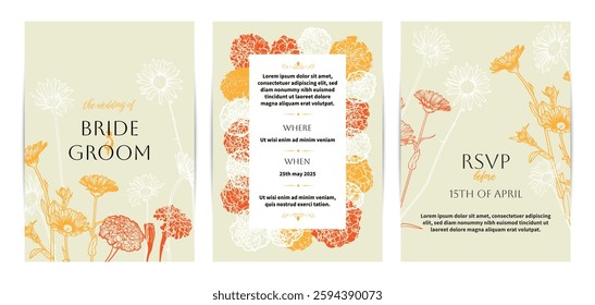 Colorful saturated and bright beautiful wedding invitations. Modern and joyful A4 vector format design with highly detailed flowers for print and online usage. Happy hand drawn marigold illustrations
