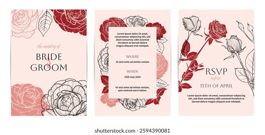 Colorful saturated and bright beautiful wedding invitations. Modern and joyful A4 vector format design with highly detailed flowers for print and online usage. Hand drawn roses illustrations