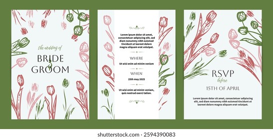 Colorful saturated and bright beautiful wedding invitations. Modern and joyful A4 vector format design with highly detailed flowers for print and online usage. Hand drawn tulips doodle illustrations