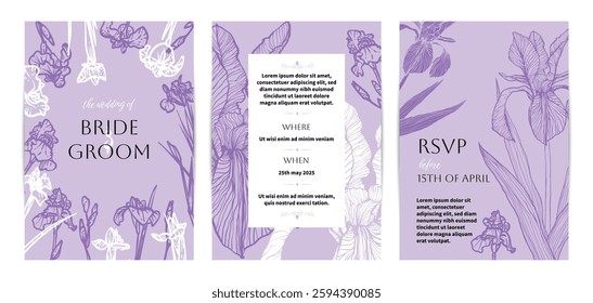 Colorful saturated and bright beautiful wedding invitations. Modern and joyful A4 vector format design with highly detailed flowers for print and online usage. Happy hand drawn iris illustrations