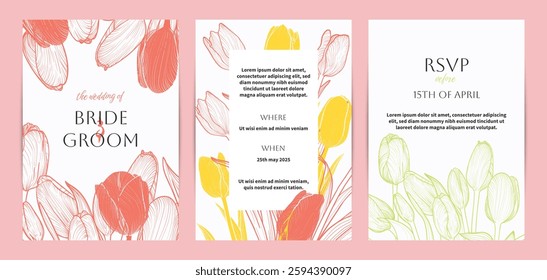 Colorful saturated and bright beautiful wedding invitations. Modern and joyful A4 vector format design with highly detailed flowers for print and online usage. Happy hand drawn tulips illustrations