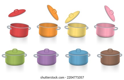 Colorful saucepots, enamel cooking pots with raised and covered lids, colored collection, symbol for cooking fun, varied diet, clatter of dishes or happy kitchen party. Isolated vector illustration.