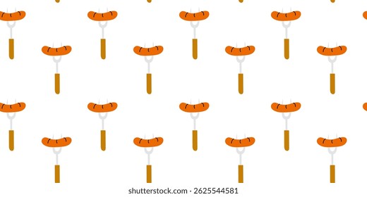 Colorful sausages are evenly arranged on forks against a plain background