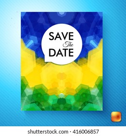 Colorful Save The Date wedding invitation template with an abstract geometric pattern of vivid blue green and yellow hexagons over a textured blue background with gold button