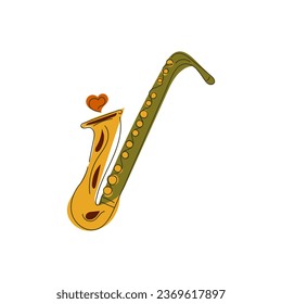 Colorful saxophone with heart on white background. Line art style. Cute multicolored vector illustration: brown, red, green and yellow colors