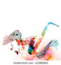 Colorful saxophone with music notes and butterflies isolated vector illustration. Music instrument background for poster, brochure, banner, flyer, concert, music festival