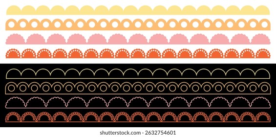 Colorful Scallop Lace and Frill Border Set. Decorative Seamless Vector Designs on Light and Dark Backgrounds.