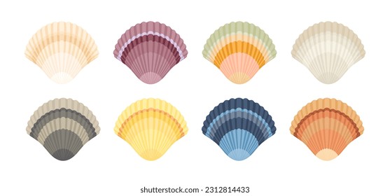 Colorful Scallop seashell set. Vector flat cartoon illustration.