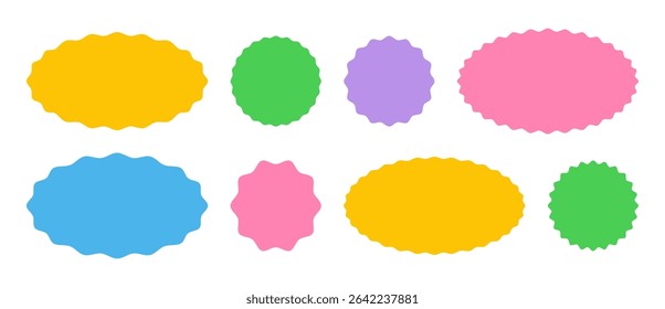 Colorful scalloped badges. Label shapes in oval and round designs with corrugated wave edges in pink, blue, yellow, green, and purple.