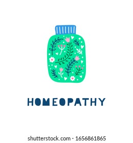 Bouteille médicale de gribouillage coloré scandinave avec ornement floral, fleurs, feuilles, herbes isolées sur fond blanc. Parfait pour les affiches, les cartes, les bannières, les imprimés. Médecine alternative et homéopathie.