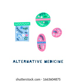 Colorful scandinavian doodle medical bottle, pills, tablets with floral ornament, flowers, herbs isolated on white background. Perfect for posters, cards, banners. Alternative medicine and homeopathy.