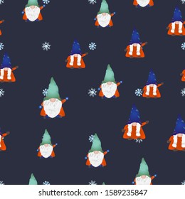 Colorful Scandinavian gnomes seamless design on blue. Hand drawn dwarf or elf fairy tale characters. Wallpaper, textile, wrapping paper design. Vector illustration.