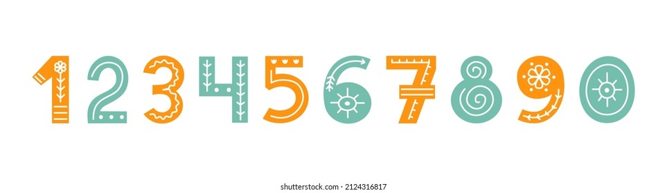 Colorful Scandinavian ornate numbers with florals and lines. Folk font with numbers. Typeface in Scandinavian style.