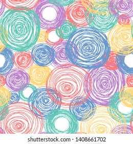 Colorful Scandinavian pencil scribbles seamless pattern. Texture with pastel color circles for wrapping paper. Vector isolated background for kid textile.