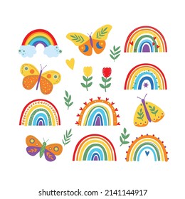 Colorful Scandinavian style rainbows for Baby shower, children's party. cute bright color rainbow vector symbol set. Summer cute clipart. Butterfly and flowers.