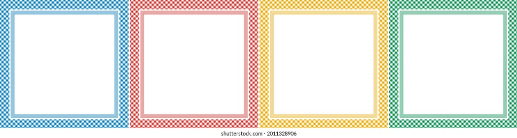 Colorful scarf background set in blue, green, yellow, red, white for spring summer. Square bright blank design with gingham border for scarf, bandana, shawl, hijab, other modern fashion textile print.