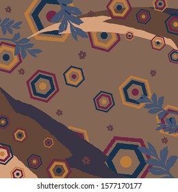 Colorful scarf pattern with abstract design on brown. Hijab fashion