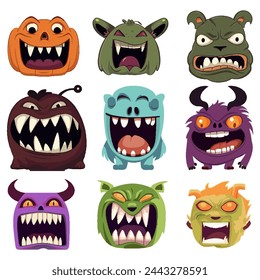 Colorful scary cartoon monster faces collection vector illustration