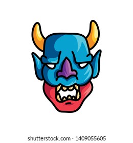 Colorful scary mask with blue red color and yellow horns