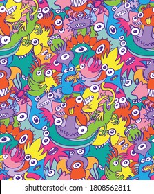 Colorful scary monsters and weird creatures in doodle art style. They compose a seamless pattern design full of decorative birds, reptiles, fishes and whimsical characters, spooky and mischievous